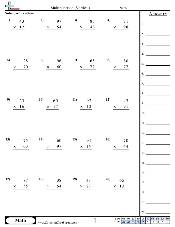 Vertical 2 digit × 2 digit worksheet